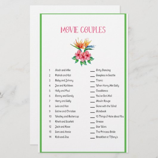 映画カップルのマッチゲームの熱帯テーマ 便箋 (正面/裏面)