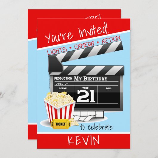 映画クラップボードポップコーン21歳の誕生日パーティー 招待状 (正面/裏面)