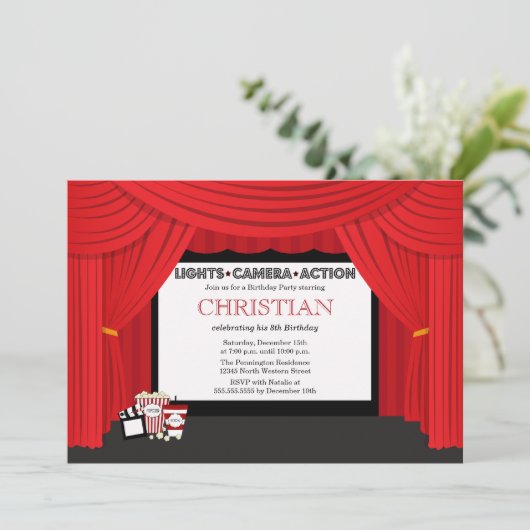 映画スクリーンおよびカーテンの誕生日のパーティの招待状 招待状 (スタンド正面)