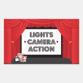 映画スクリーンとカーテン誕生日パーティステッカー 長方形シール (正面)