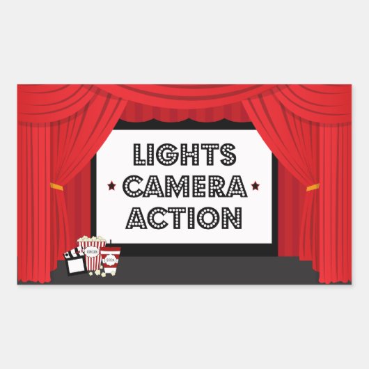 映画スクリーンとカーテン誕生日パーティステッカー 長方形シール (正面)
