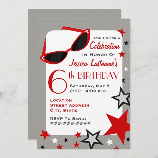 映画スターレッドサングラス&スターズガールズ誕生日 招待状 (正面/裏面)