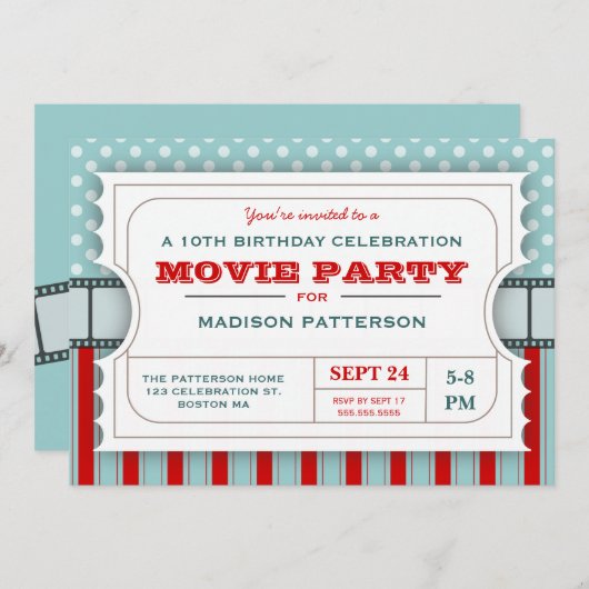 映画チケットのパーティーの誕生会の入場のチケット 招待状 (正面/裏面)