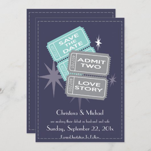 映画チケットは日付カードを救います(青い) セーブザデート (正面/裏面)