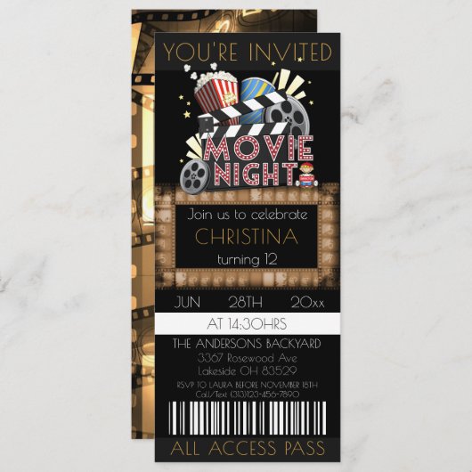 映画チケット誕生日パーティーの招待 招待状 (正面/裏面)