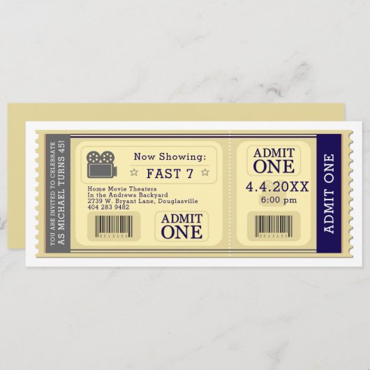 映画チケット誕生日パーティーの招待 招待状 (正面/裏面)