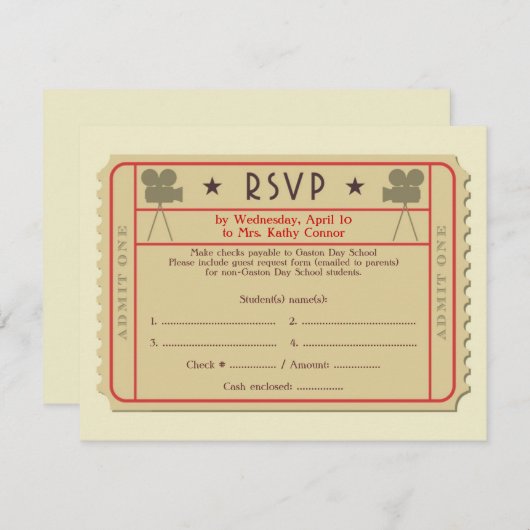 映画チケット賞授賞式パーティの招待状 出欠カード (正面/裏面)