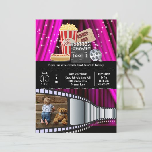 映画テーマ写真映画映画ポップコーンパーティーピンク 招待状 (スタンド正面)