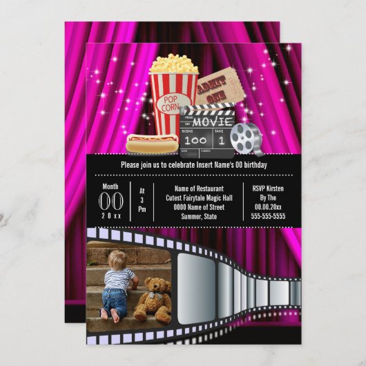 映画テーマ写真映画映画ポップコーンパーティーピンク 招待状 (正面/裏面)