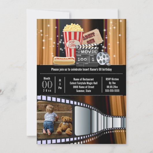 映画テーマ写真映画映画ポップコーンパーティー 招待状 (正面)