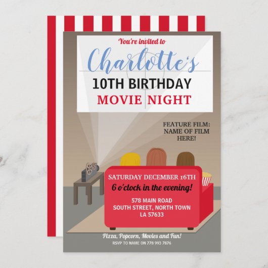 映画ナイトパーティーキッズ映画ムービー映画誕生日 招待状 (正面/裏面)