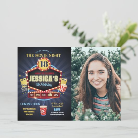 映画ナイトパーティー誕生日ポップコーンのフィルム写真 招待状 (スタンド正面)