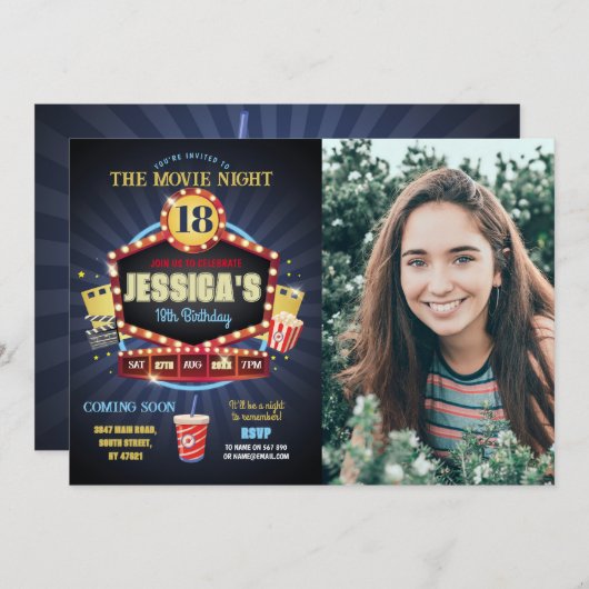 映画ナイトパーティー誕生日ポップコーンのフィルム写真 招待状 (正面/裏面)