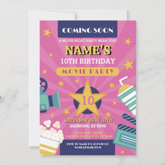 映画ナイトフィルムシネマバースデーパーティーガールズピンク 招待状 (正面)
