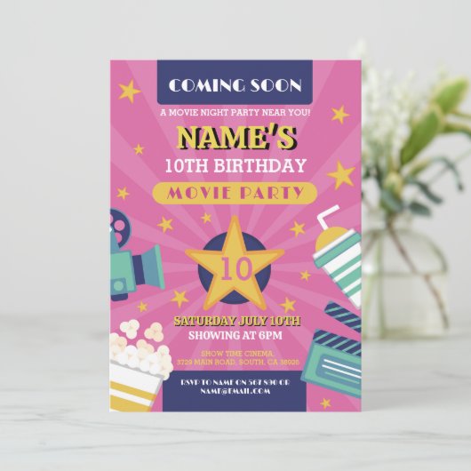 映画ナイトフィルムシネマバースデーパーティーガールズピンク 招待状 (スタンド正面)