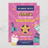 映画ナイトフィルムシネマバースデーパーティーガールズピンク 招待状 (正面/裏面)