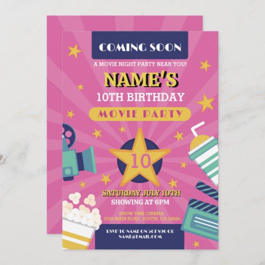映画ナイトフィルムシネマバースデーパーティーガールズピンク 招待状 (正面/裏面)