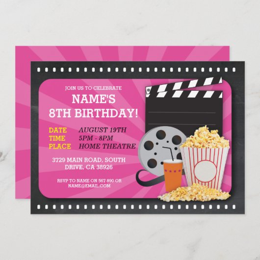 映画ナイトフィルムシネマバースデーパーティービュー招待状 招待状 (正面/裏面)