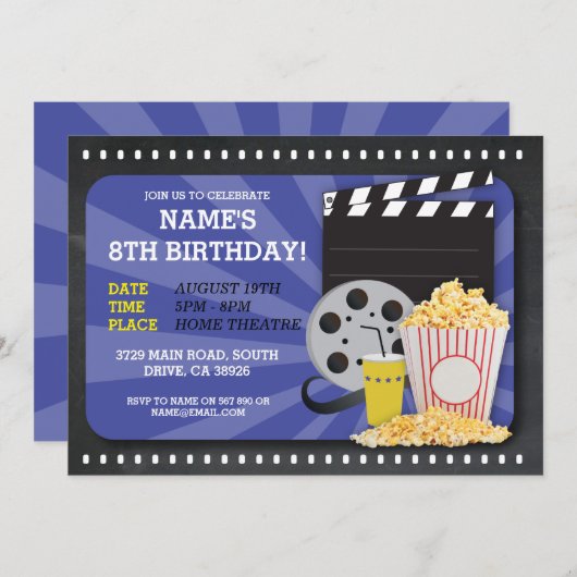 映画ナイトフィルムシネマバースデーパーティービュー招待状 招待状 (正面/裏面)