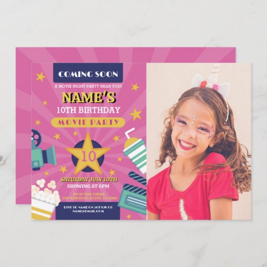 映画ナイトフィルムシネマバースデーパーティー写真ピンク 招待状 (正面/裏面)