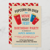 映画ナイトフェストポップコーンボックス誕生日パーティー 招待状 (正面/裏面)