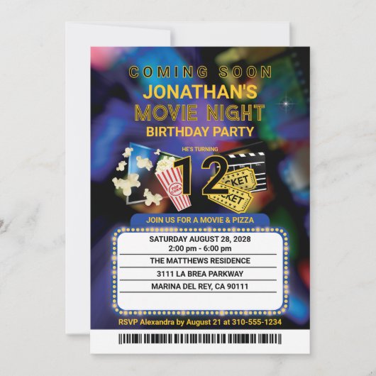 映画ナイト名前をカスタムする文字誕生会 招待状 (正面)
