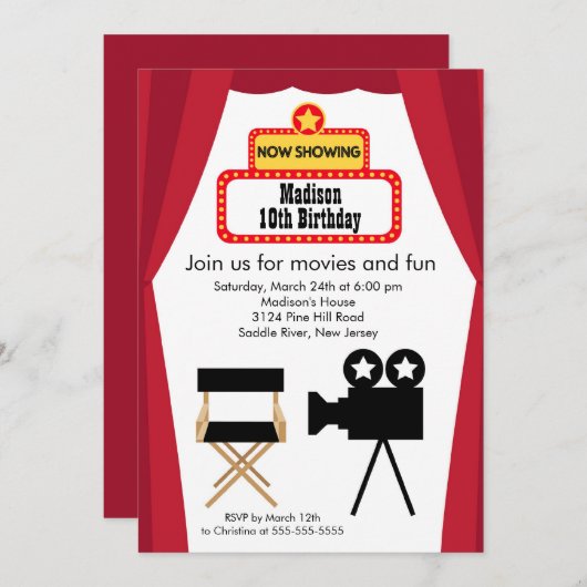 映画ナイト子供の誕生日パーティの招待状 招待状 (正面/裏面)