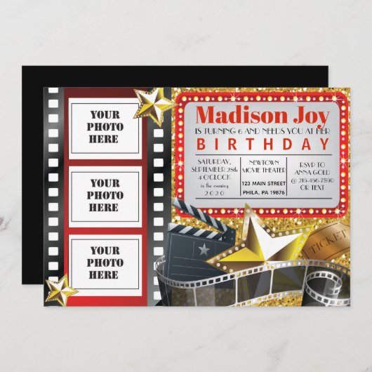 映画ハリウッド写真の誕生日パーティーの招待 招待状 (正面/裏面)