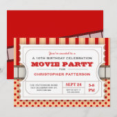 映画パーティーの誕生会の入場のチケット|の赤 招待状 (正面/裏面)