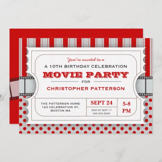 映画パーティーの誕生会の入場のチケット|の赤 招待状 (正面/裏面)