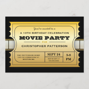 映画パーティーの誕生会の入場の金ゴールドのチケット 招待状