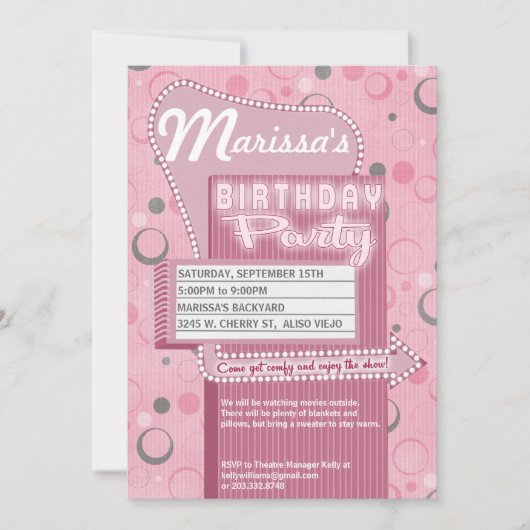 映画パーティー招待 レトロ ドライブイン マーキー 招待状 (正面)