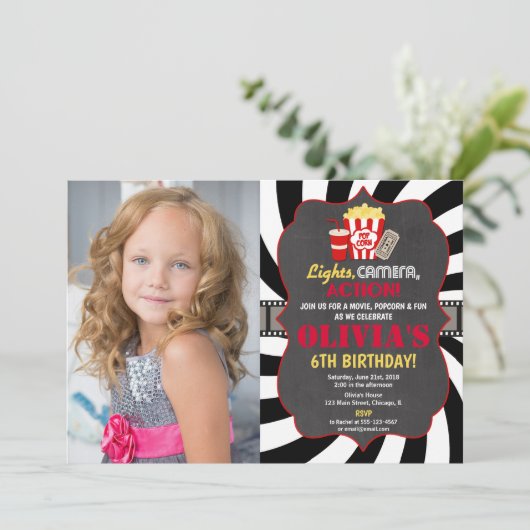 映画パーティー映画の夜の誕生日の写真 招待状 (スタンド正面)