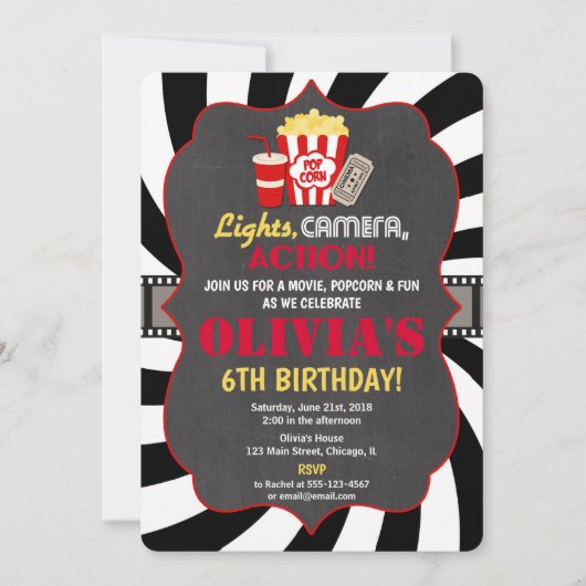映画パーティー映画の夜の誕生日の招待 招待状 (正面)