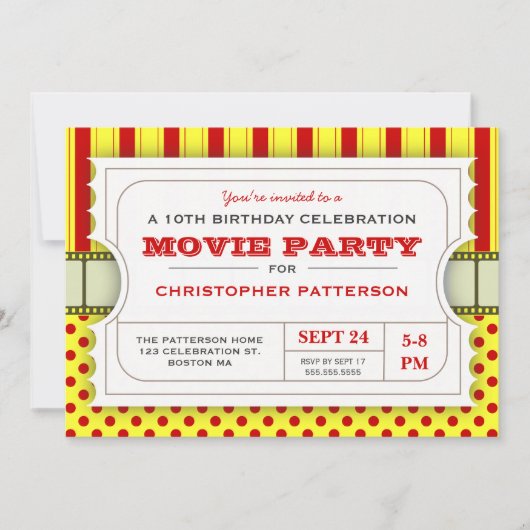 映画パーティー誕生日パーティーの入場チケット|赤 招待状 (正面)