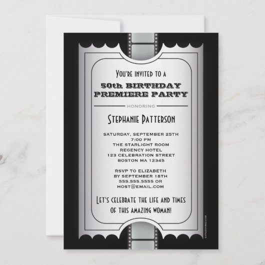 映画プリミアの有名人の第50誕生日の写真のお祭り 招待状 (裏面)