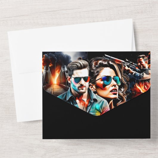 映画ポスターテーマ結婚のアクションヒーローズスリラー オールインワン招待状 (裏面)