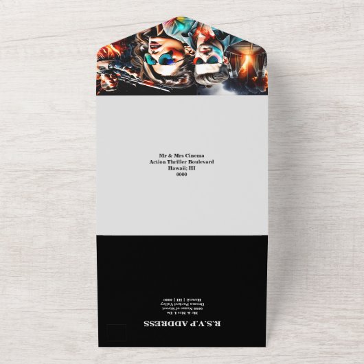 映画ポスターテーマ結婚のアクションヒーローズスリラー オールインワン招待状 (外側)