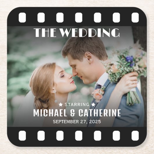 映画ポスターフィルムストリップ黒と白結婚の スクエアペーパーコースター (正面)