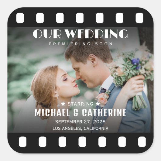 映画ポスターフィルムリール結婚式の日付を保存 スクエアシール (正面)
