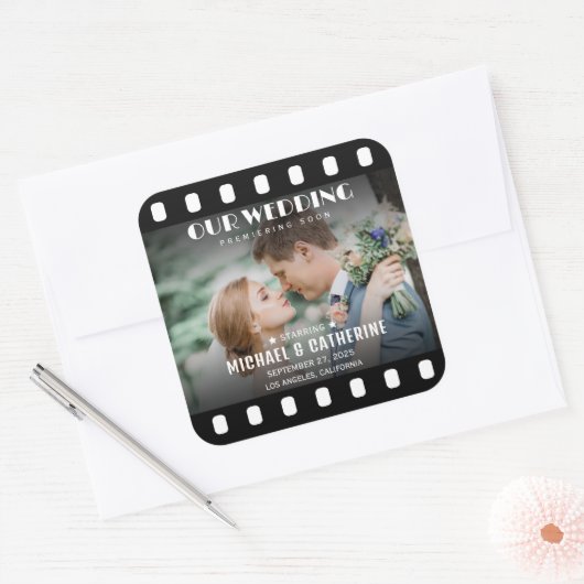 映画ポスターフィルムリール結婚式の日付を保存 スクエアシール (封筒)