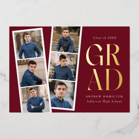 映画モダンストリップブルゴーニュ6写真卒業パーティー 箔招待状 (正面)