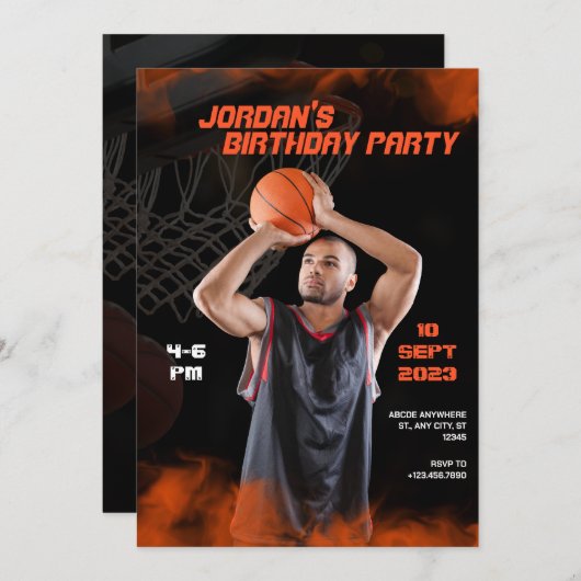 映画モダンバスケットボールのスポーティな写真誕生日 招待状 (正面/裏面)