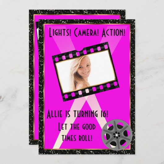 映画俳優のピンクのグリッターの招待 招待状 (正面/裏面)