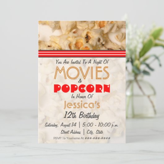映画及びポップコーンの誕生日のパーティの招待状 招待状 (スタンド正面)