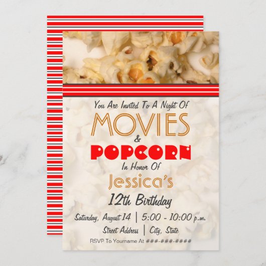 映画及びポップコーンの誕生日のパーティの招待状 招待状 (正面/裏面)