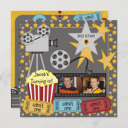 映画夜カスタムな写真の誕生日の招待状 招待状 (正面/裏面)