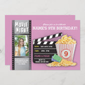映画夜ピンクの映画館の誕生会の写真 招待状 (正面/裏面)