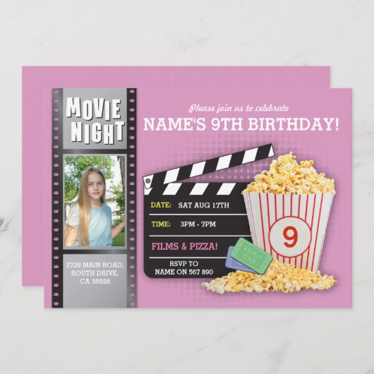映画夜ピンクの映画館の誕生会の写真 招待状 (正面/裏面)
