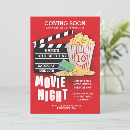 映画夜フィルムの映画館の誕生会の赤い招待 招待状 (スタンド正面)